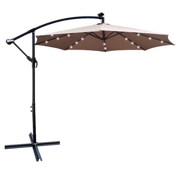 GAWEZA 10 ft. Steel Cantilever Solar Patio Umbrella in Mushroom Offset Hanging Umbrella with 24 Solar LED Lights and Cross Base