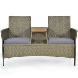 1-Piece Patio Rattan Wicker Conversation Furniture Set with Coffee Table and Purple Cushions