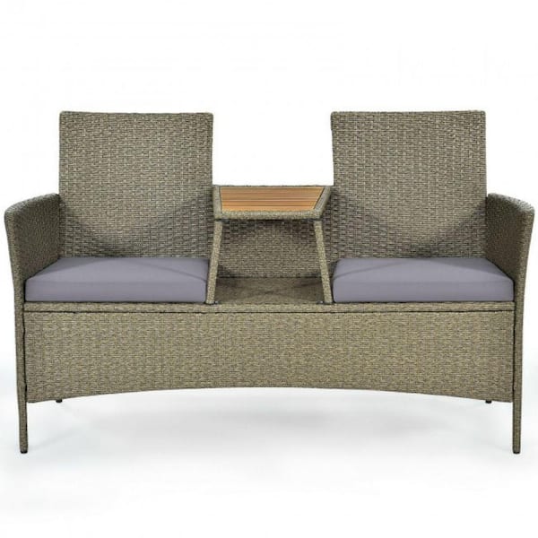 Alpulon 1-Piece Patio Rattan Wicker Conversation Furniture Set with Coffee Table and Purple Cushions