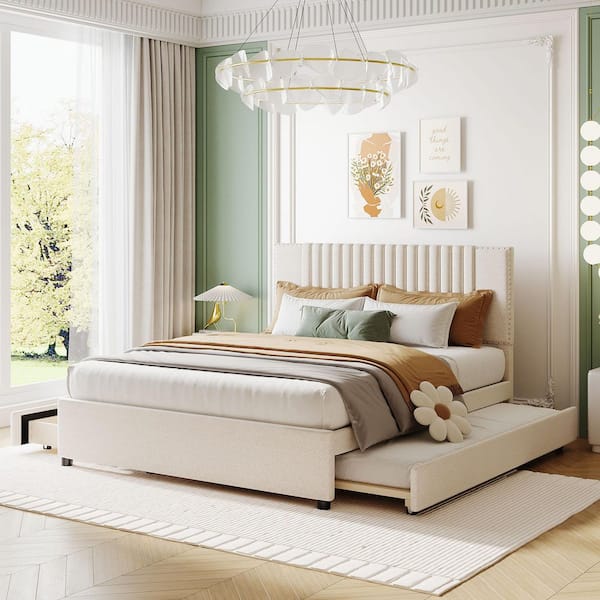 Beige Wood Frame Queen Size Platform Bed with (2-Drawers) and 1 Twin Xl Trundle, Classic Headboard Design