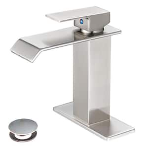 Single-Handle Waterfall Single-Hole Bathroom Sink Faucet with Pop-Up Drain and Deckplate Included in Brushed Nickel