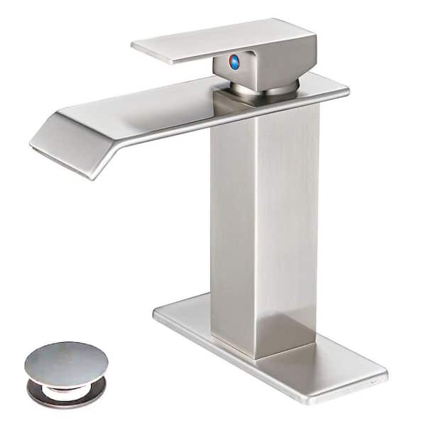 Single-Handle Waterfall Single-Hole Bathroom Sink Faucet with Pop-Up Drain and Deckplate Included in Brushed Nickel