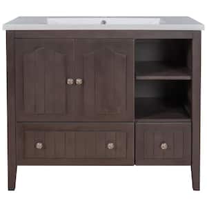 36 in. W x 18 in. D x 32 in. H Bath Vanity in Brown with Ceramic White Top and and Soft Close Drawer