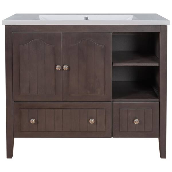 Logmey 36 in. W x 18 in. D x 32 in. H Bath Vanity in Brown with Ceramic White Top and and Soft Close Drawer