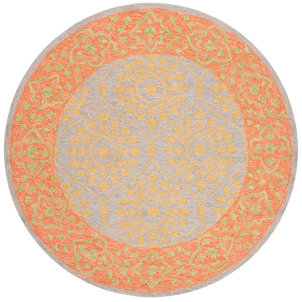 Suzani 5 ft. x 5 ft. Orange/Silver Border Trellis Floral Round Area Rug