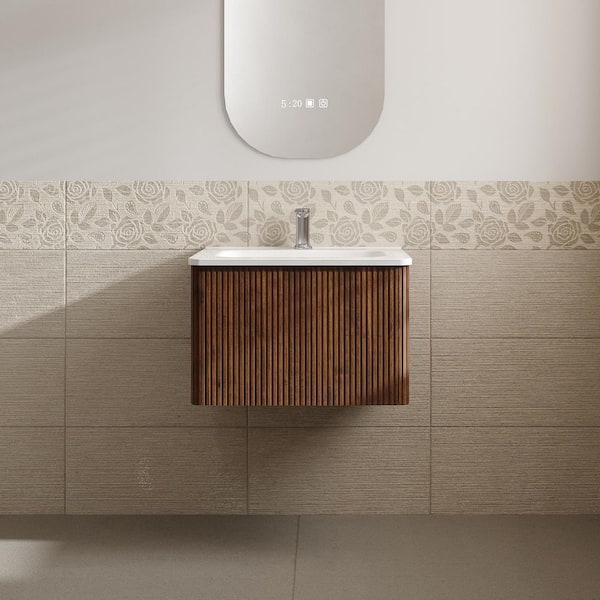 Aaby 24 in. W x 18 in. D x 15 in. H Wall Mounted Floating Bath Vanity Cabinet in Brown with White Ceramic Top and Sink