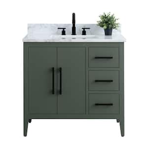 36 in. W x 22 in. D x 34 in. H Single Sink Bathroom Vanity Cabinet in Vintage Green with Engineered Marble Top in White