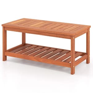 Hardwood Outdoor Patio Coffee Table 2-Tier Coffee Table w/Slat Tabletop & Storage Shelf Natural