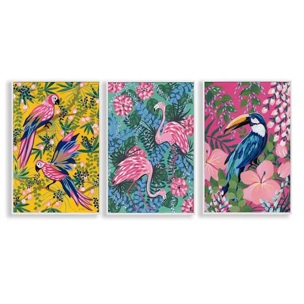 Stupell Industries Tropical Birds and Botanicals by Yvette St. Amant 3-Pieces White Framed Animal Giclee Art Print 24 in. x 16 in.