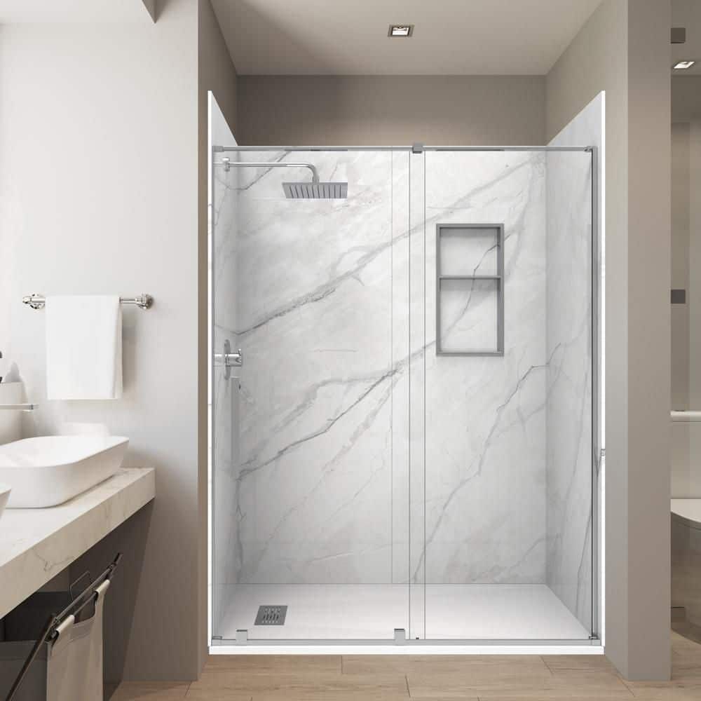 Calcutta White 32in. x 60in. x 84in. Solid Composite Stone Alcove Shower Combo Kit Matching Chrome Door, Niche and Drain price history on PriceWatchPro