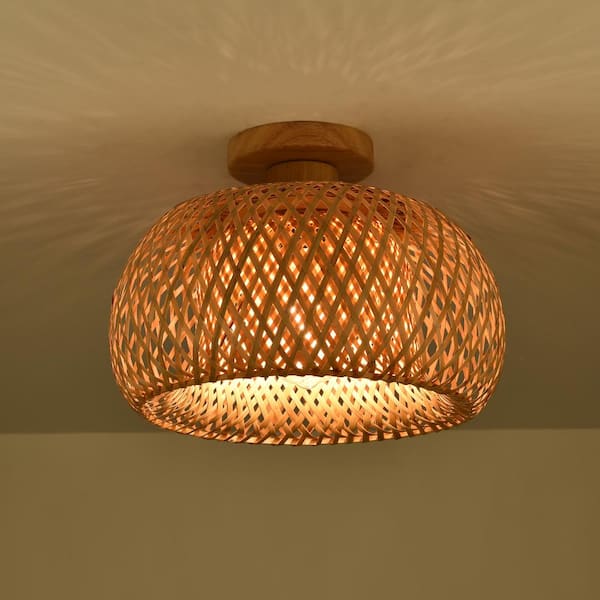 OUKANING 11.81 in. 1 Light Farmhouse Bamboo Cage Semi Flush Mount Ceiling Light JZUCE9Q4NSHCX The Home Depot