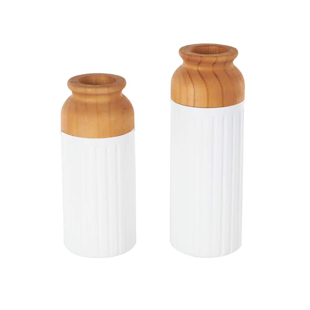 White Color Block Metal Decorative Vase with Rounded Linear Grooves and Brown Wood Tops (Pair of 2) price history on PriceWatchPro