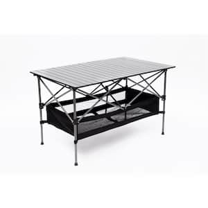 Black Rectangular Lightweight Aluminum 27-Inch Outdoor Picnic Table with Roll-up Tabletop and Storage Basket