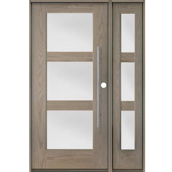 Krosswood Doors Faux Pivot 50 in. W. x 80 in. 3-Lite Left-Hand/Inswing Satin Glass Oiled Leather Stain Fiberglass Prehung Front Door RSL