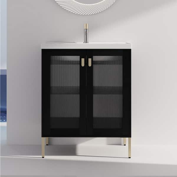 Staykiwi 28 in. W x 18.5 in. D x 35 in. H Freestanding Bath Vanity in Black with White Ceramic Basin