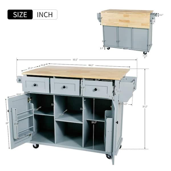 White Wood 53.1 in. Kitchen Island on 5-Wheels with Storage Cabinet and 3-Drawers for Dinning Room LH-705