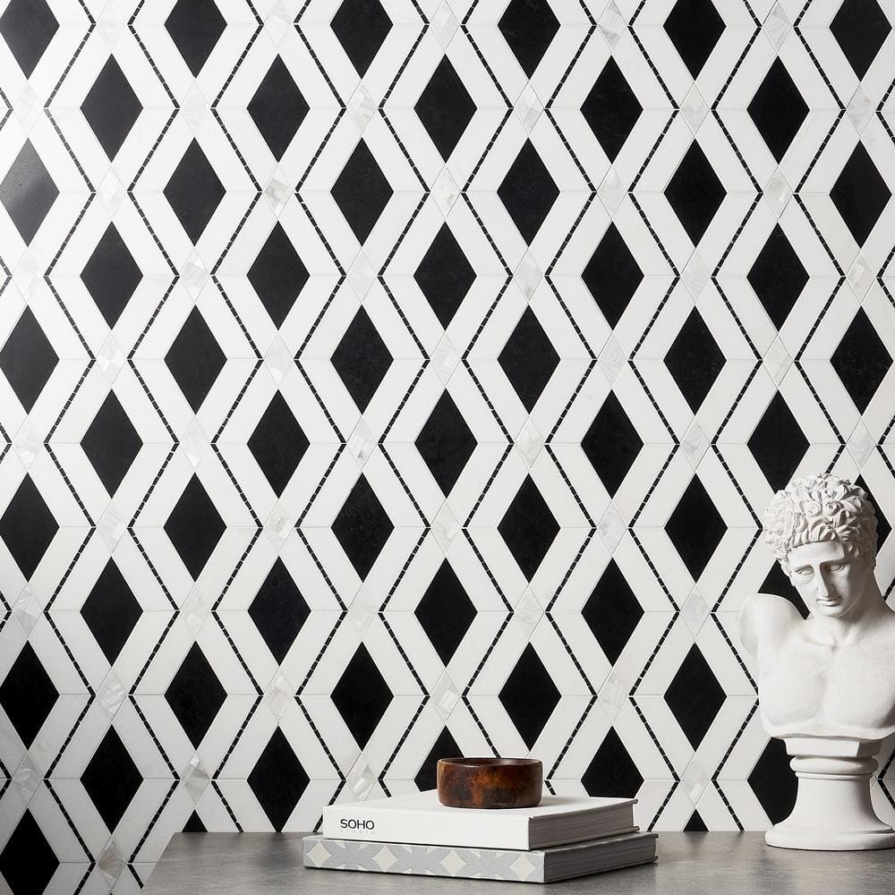 Spencer 10-in x 10-in Polished Black and White Marble Mosaic Tile