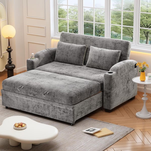Convertible 61.42 in. Gray Chenille Full Size Sofa Bed with Adjustable Backrest, USB Ports, 2-Pillows, Cup Holders