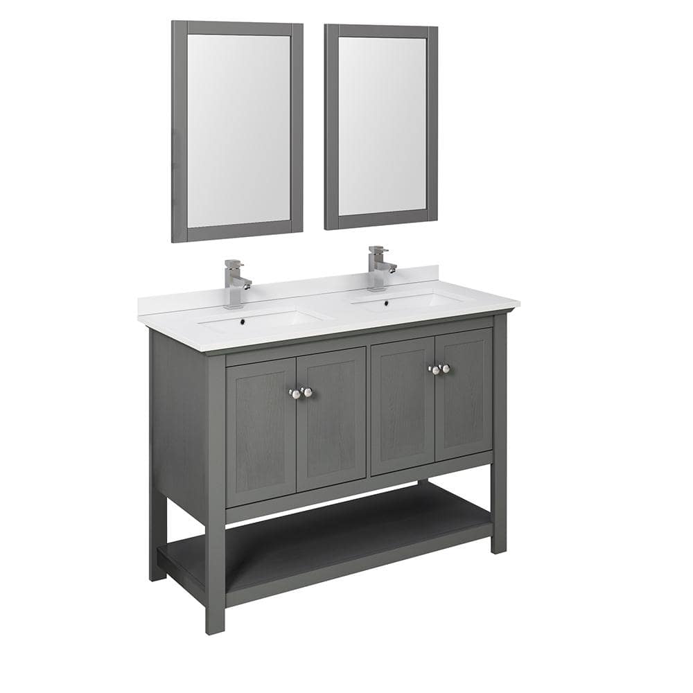 Manchester Regal 48 in. W Double Vanity in Gray Wood with Quartz Stone Vanity Top in White with White Basins, Mirrors -  Fresca, FVN2348VG-D