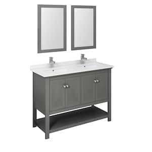 Manchester Regal 48 in. W Double Vanity in Gray Wood with Quartz Stone Vanity Top in White with White Basins, Mirrors