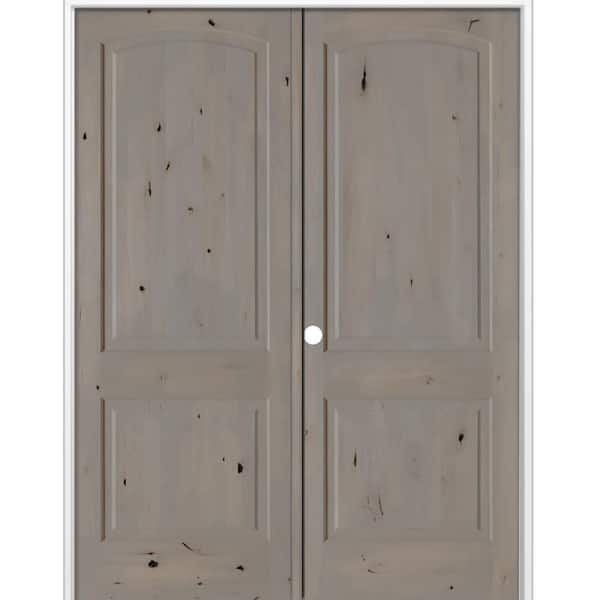 Krosswood Doors 64 in. x 96 in. Rustic 2-Panel Arch Top Right Active Weathered Gray Stain Knotty Alder Wood Double Prehung Interior Door