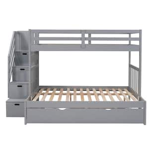 Gray Twin Over Twin/Full Stairway Bunk Bed with Twin Size Trundle and Drawers, Solid Wood Kids Bunk Bed with Staircases