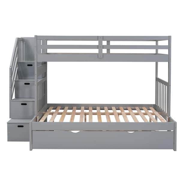 ANBAZAR Gray Twin Over Twin/Full Stairway Bunk Bed with Twin Size Trundle and Drawers, Solid Wood Kids Bunk Bed with Staircases