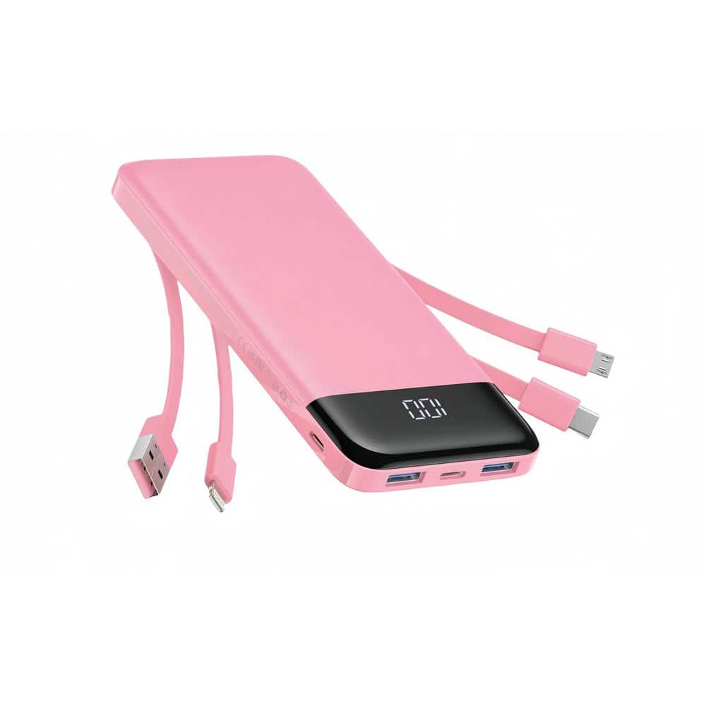 10000 mAh Portable Charger with Built in Slim Cables, 6 Outputs-Pink
