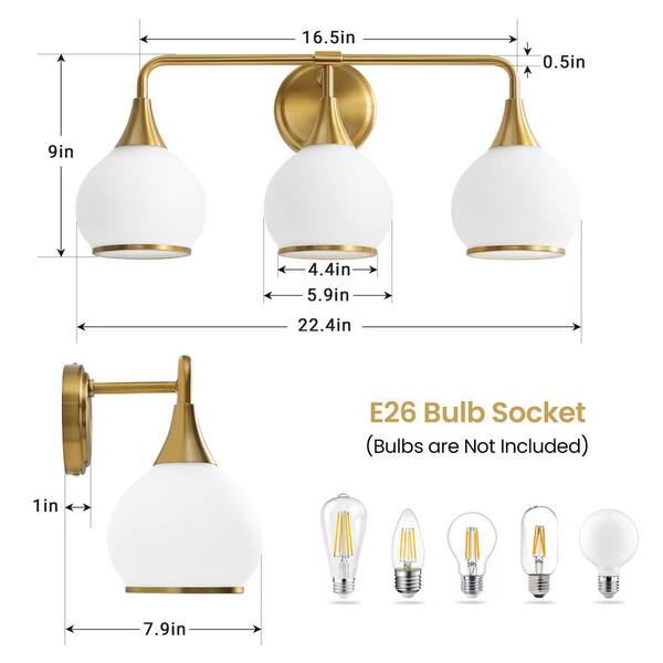 KAISITE 22.4 in. 3-Light Brushed Gold Bathroom Vanity Light