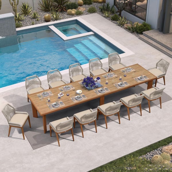 13-Piece Aluminum Outdoor Dining Set Teak Patio Furniture Set Wicker Table and Chairs with Cushions
