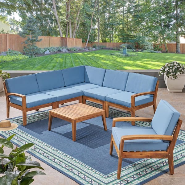 Grenada Teak Brown 7-Piece Wood Outdoor Patio Conversation Set with Blue Cushions