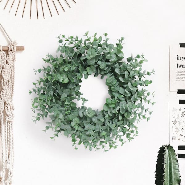 LIVING LUXURY 12 in. Frosted Green Artificial Young Eucalyptus Leaf Foliage Greenery Wreath
