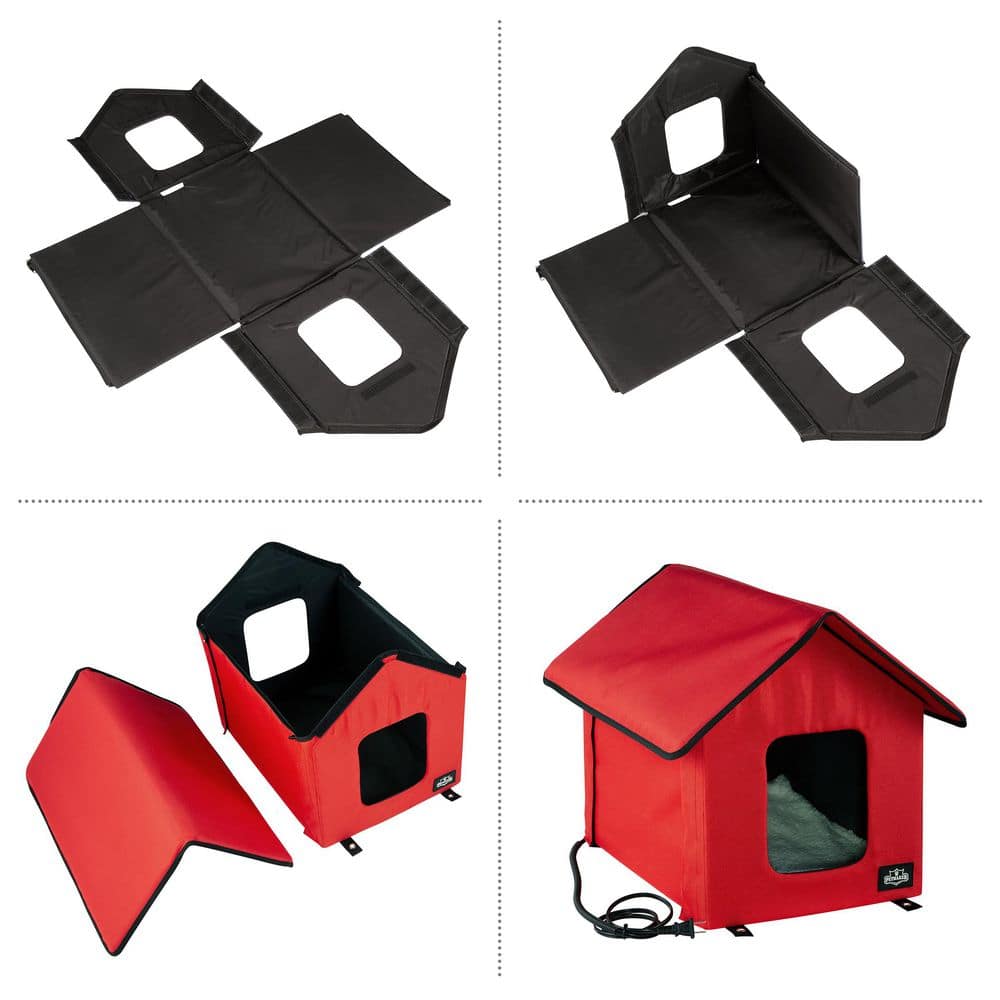 Red Heated Cat House with Sherpa Pad and Zippered Roof