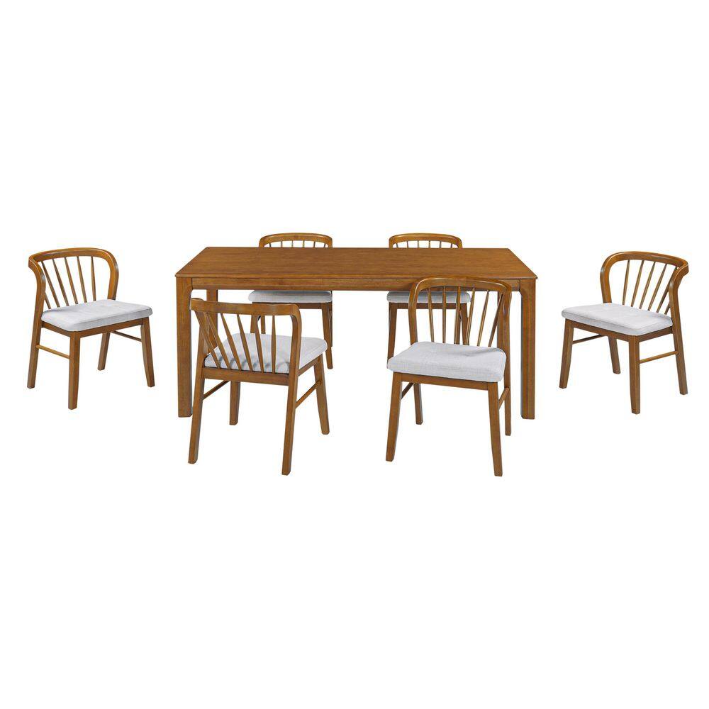 Denise 7-Piece Wood Top Dining Set with Beige+Walnut Fabric Upholstered Dining Chairs, Walnut Dining Table, Seats 6