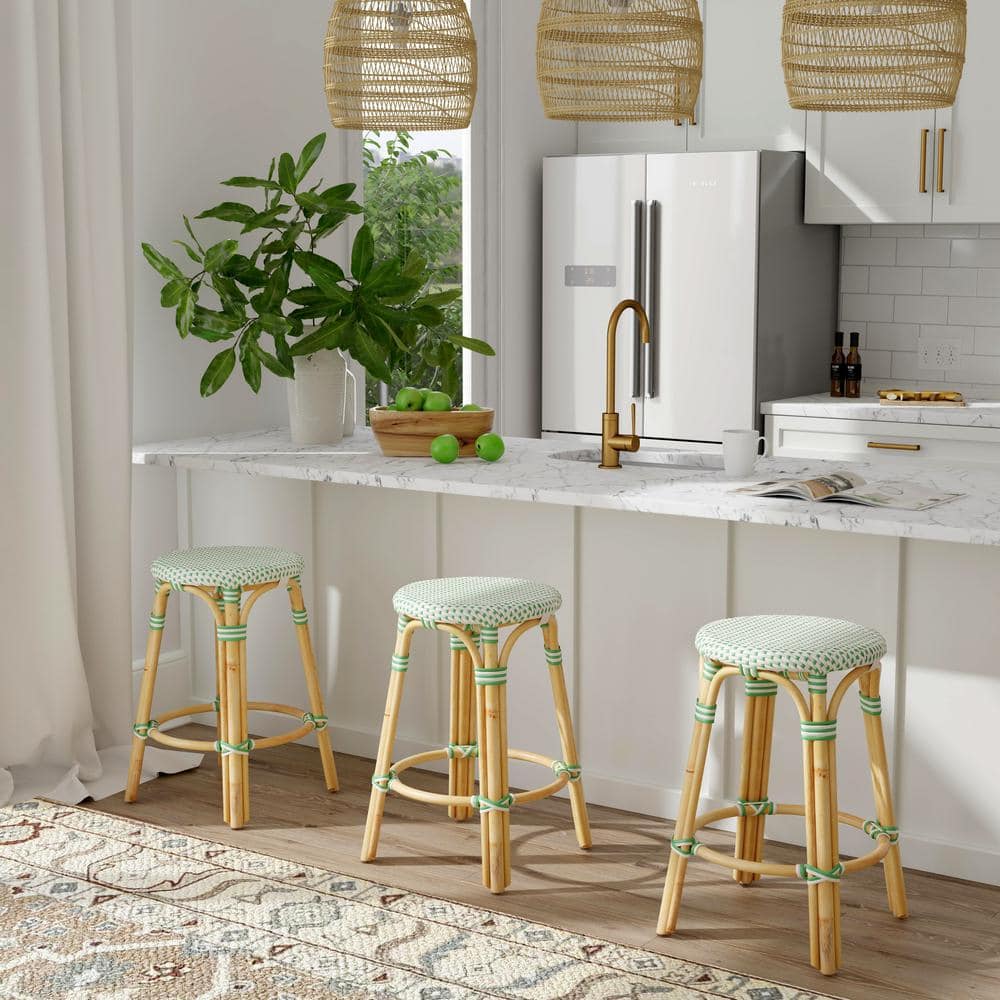 White and Green Dot Rattan Backless Counter Stool