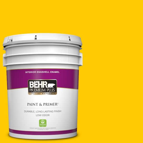 BEHR PREMIUM PLUS 5 gal. #370B-7 Yellow Flash Eggshell Enamel Low Odor Interior Paint & Primer