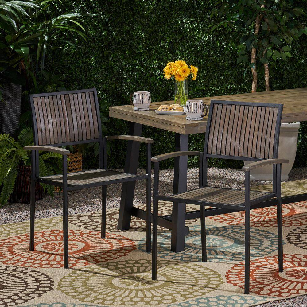 Modern Industrial Atyle Gray Acacia Wood and Metal Outdoor Dining Chair Set