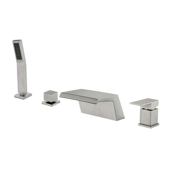 Single-Handle Tub Deck Mount Roman Tub Faucet with Hand Shower and Water Suply Hose in Brushed Nickel