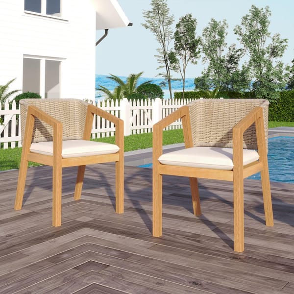 Unbranded Light Teak Acacia Wood Dining Chair (Set of 2) with Beige Cushion and Roped Back