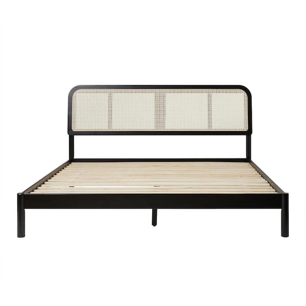 Modern Wood Frame King Platform Bed with Rattan Headboard - Thumbnail 2