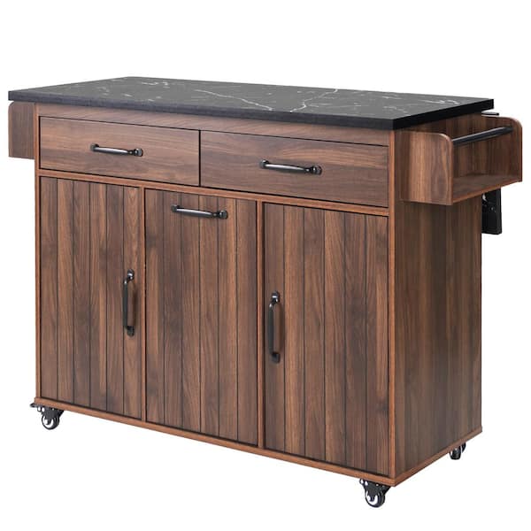 Walnut Brown Wood 43.8 in. Kitchen Island with Drawer, Trash Can and Spice Rack