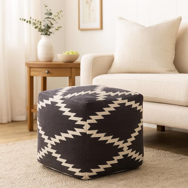 Poby Gray and White Wool Square Accent Pouf