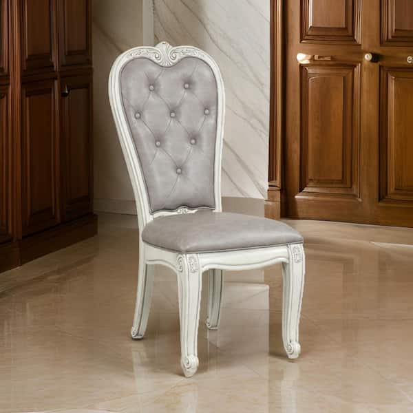 Benjara Ivory White and Gray Fabric Tufted Back Dining Chair