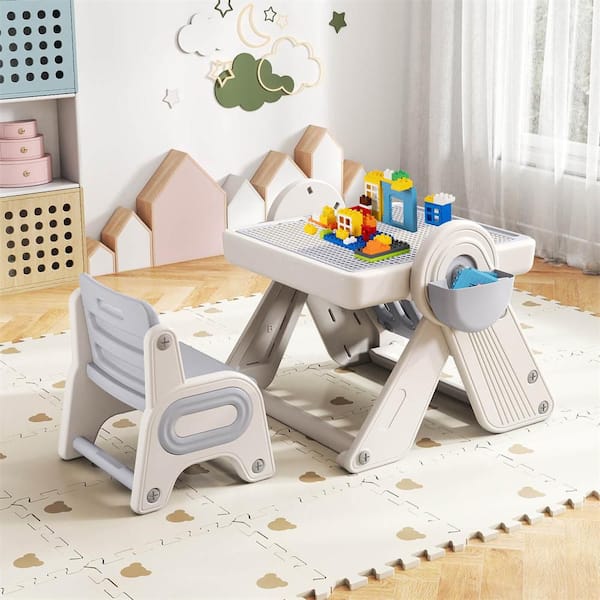 2-Piece Rectangle Plastic Top Gray Multi-activity Children Table and Chair Set with Pen Slot, Storage Baskets