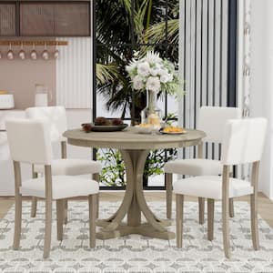5-Piece Taupe Retro Round MDF Top Table Set with 4 Upholstered Chairs
