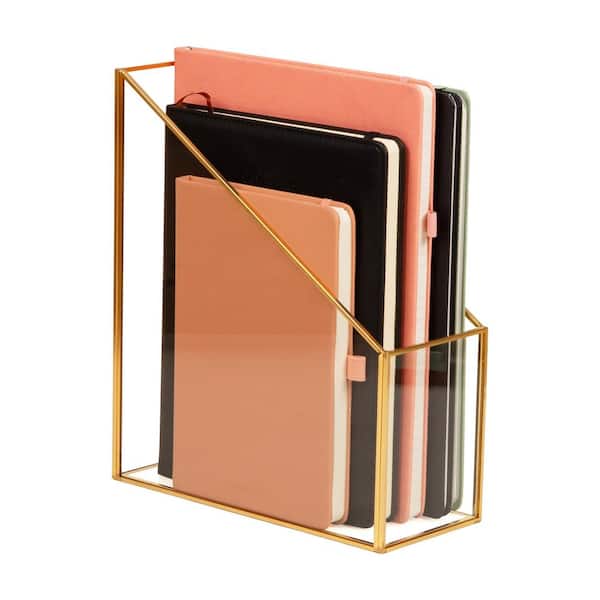 Vertical Glass File Holder with Copper Trim, Angled Magazine Organizer, Glass and Copper, Clear