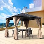 10 ft. x 10 ft. Steel Hardtop Gazebo with Protective Mosquito Netting and Removable Privacy Curtains, Brown