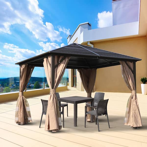 Outsunny 10 ft. x 10 ft. Steel Hardtop Gazebo with Protective Mosquito Netting and Removable Privacy Curtains, Brown