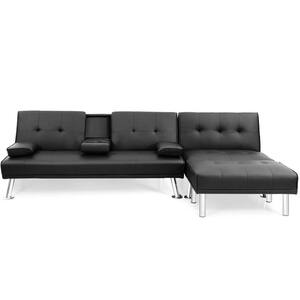 66 in. W Armless Faux Leather L shaped 4-Seater Sectional Sofa Set Convertible Futon Single Sofa and Ottoman in Black