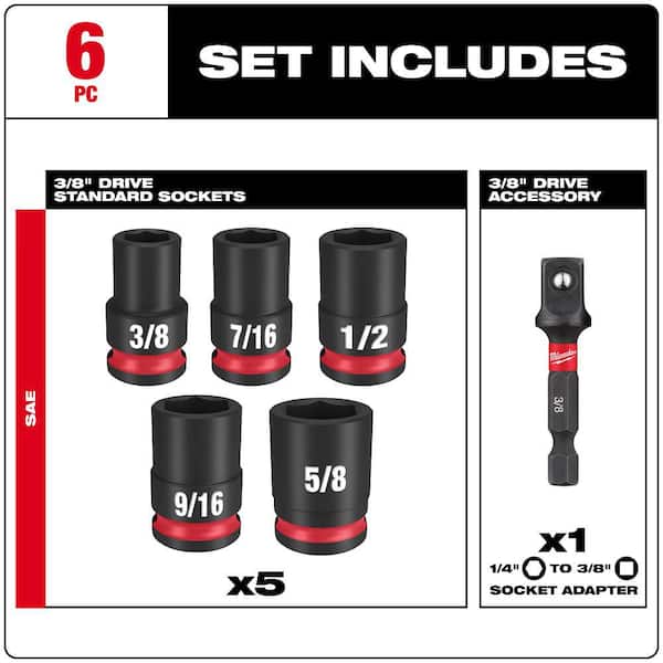 Milwaukee - SHOCKWAVE 3/8 in. Drive SAE Standard 6 Point Impact Socket Set (6-Piece)
